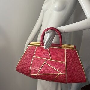 Pink Rattan Gold Lame Leather Zip Large Structured Handbag